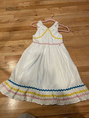 White Girls' Casual Sundress with Pink, Yellow & Blue Rickrack